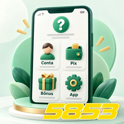 5853 — ilustração de celular com categorias de ajuda sobre conta, Pix, bônus e aplicativo