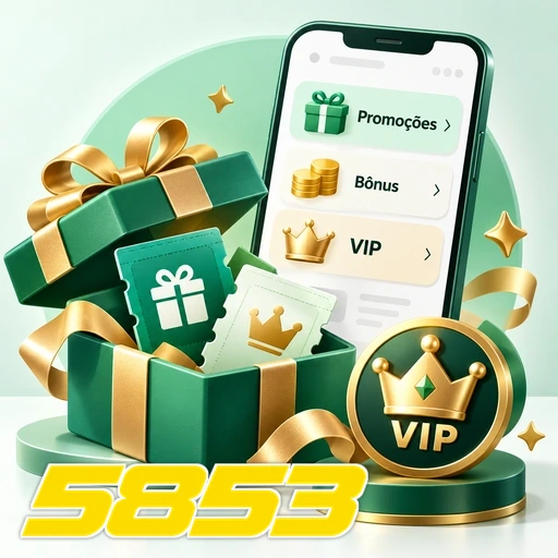5853 — ilustração de presentes, promoções e símbolo VIP ao lado de um celular