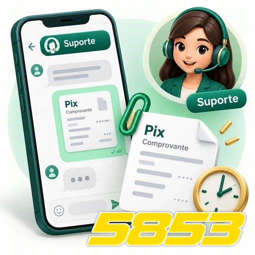 5853 — ilustração de atendimento por chat com comprovante Pix e relógio