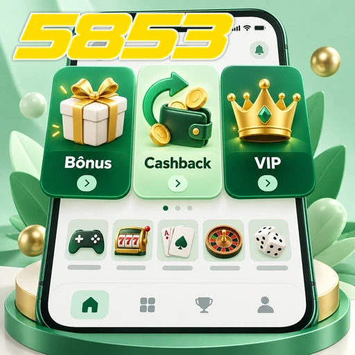 5853 — ilustração de lobby de jogos com bônus, cashback e área VIP