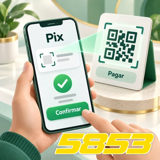 5853 — ilustração de pagamento Pix no celular com QR code e confirmação