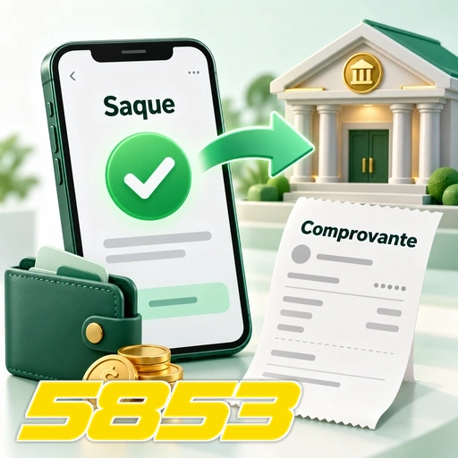 5853 — ilustração de saque confirmado com carteira, moedas e comprovante